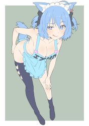 Rule 34 | 1girl, absurdres, ahoge, animal ears, animare, apron, armpit crease, armpits, asymmetrical legwear, bad id, bad twitter id, black bow, black footwear, black thighhighs, blue apron, blue eyes, blue hair, blush, bow, breasts, cat, cat cutout, cleavage, closed mouth, clothing cutout, collarbone, dog ears, dog tail, donguri suzume, earrings, full body, hair between eyes, hand on leg, hand on own hip, hand on own leg, hand on own thigh, hand on thigh, heart, heart earrings, highres, jewelry, leaning, leaning forward, looking at viewer, maid headdress, medium breasts, mismatched legwear, naked apron, nanashi inc., short hair, smile, solo, souya ichika, standing, tail, thighhighs, tongue, twintails, two-tone background, two side up, virtual youtuber