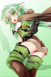 Rule 34 | 10s, 1girl, aqua hair, armor, ass, black gloves, breasts, cloak, commentary request, dagger, elf, flat ass, from below, gloves, goblin slayer!, greaves, green eyes, high elf archer (goblin slayer!), highres, hood, hood down, knife, open mouth, pointy ears, sanagi (diohazard), short hair with long locks, shorts, small breasts, solo, thighhighs, weapon