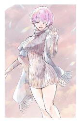 Rule 34 | 1girl, border, breasts, closed eyes, dog tags, earrings, goddess of victory: nikke, highres, jewelry, kyouhanechaou, liliweiss (nikke), medium breasts, pink hair, scarf, short hair, smile, sweater, thighs, turtleneck, turtleneck sweater, white border, white scarf