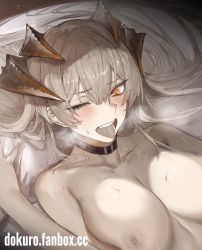 Rule 34 | 1girl, arknights, black choker, blush, breasts, choker, collarbone, dokuro deluxe, dragon horns, grey hair, highres, horns, implied sex, large breasts, long hair, lying, motion blur, nipples, nude, on back, one eye closed, open mouth, orange eyes, pillow, saliva, saria (arknights), solo, sweat, tongue, tongue out, upper body