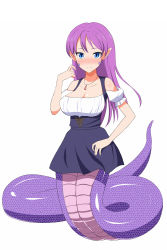 Rule 34 | 1girl, bad id, bad pixiv id, bare shoulders, blue eyes, blush, breasts, cleavage, full body, haruharu55, highres, jewelry, lamia, large breasts, long hair, looking at viewer, monster girl, original, pendant, pointy ears, purple hair, scales, simple background, slit pupils, solo, white background