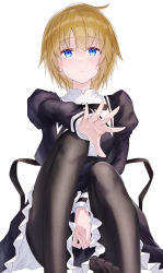 Rule 34 | 1girl, ahoge, arm on knee, assault lily, between legs, black pantyhose, black ribbon, black skirt, cropped jacket, feet out of frame, frilled skirt, frills, futagawa fumi, hair between eyes, hand between legs, hand up, high-waist skirt, highres, juliet sleeves, knees up, light blush, light brown hair, light particles, long sleeves, meen (ouaughikepdvrsf), neck ribbon, no shoes, open hand, outstretched arm, pantyhose, puffy sleeves, ribbon, school uniform, shirt, simple background, sitting, skirt, skirt tug, solo, upskirt, white background, white shirt, yurigaoka girls academy school uniform