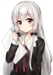 Rule 34 | 10s, 1girl, :o, black dress, collarbone, collared dress, commentary request, dress, hair between eyes, hair ornament, hand up, head tilt, long hair, long sleeves, parted lips, red eyes, silver hair, simple background, solo, sophie twilight, tonari no kyuuketsuki-san, upper body, very long hair, white background, yukinoshita (shaonjishi)