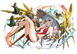Rule 34 | 1girl, :o, adachi yousuke, clock, full body, glasses, hat, high heels, long hair, mechanical wings, official art, one-piece swimsuit, pink eyes, puzzle &amp; dragons, red one-piece swimsuit, silver hair, simple background, solo, sun hat, swimsuit, urd (p&amp;d), white background, wings