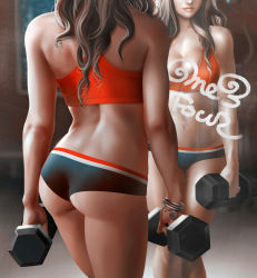 Rule 34 | 1girl, ass, ass focus, bad id, bad pixiv id, bare shoulders, black panties, boots, boyshort panties, boyshorts, bracelet, breasts, brown hair, brown lips, character request, cleavage, closed mouth, collarbone, cowboy shot, dumbbell, female focus, from behind, gradient background, groin, gym, head out of frame, highres, holding, indoors, jewelry, legs together, lipstick, long hair, looking at mirror, makeup, medium breasts, midriff, mirror, navel, navel piercing, one3four!, original, panties, photorealistic, piercing, realistic, reflection, short shorts, shorts, smile, solo, sports bra, tank top, thighhighs, toned, underwear, wavy hair