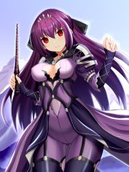 Rule 34 | 1girl, arms up, black ribbon, blue sky, blush, bodysuit, breasts, choker, cleavage, cleavage cutout, clothing cutout, commentary request, fate/grand order, fate (series), fur trim, hair between eyes, heart, highres, holding, holding wand, impossible bodysuit, impossible clothes, large breasts, long sleeves, looking at viewer, mountain, outdoors, pipin try, purple hair, red eyes, ribbon, scathach (fate), scathach skadi (fate), scathach skadi (second ascension) (fate), sideboob, sky, smile, solo, thigh gap, tiara, wand