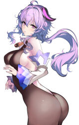 Rule 34 | 1girl, absurdres, ahoge, ass, backless outfit, bare shoulders, bell, blue hair, blush, bodystocking, breasts, covered erect nipples, detached sleeves, from side, ganyu (genshin impact), genshin impact, hareno chiame, highres, horns, large breasts, long hair, looking at viewer, neck bell, no gloves, purple eyes, revision, sideboob, sidelocks, solo, standing, thighs, white background, white sleeves