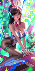 Rule 34 | 1girl, animal ears, bare shoulders, blue leotard, breasts, brown eyes, brown hair, cleavage, commentary, d.va (overwatch), detached collar, english commentary, facial mark, fake animal ears, fake tail, highres, large breasts, leotard, liang xing, neon lights, overwatch, pantyhose, parted lips, playboy bunny, ponytail, rabbit ears, rabbit tail, solo, strapless, strapless leotard, tail, whisker markings, wrist cuffs