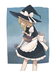 Rule 34 | 1girl, :d, absurdres, apron, basket, black hat, black skirt, blonde hair, blue background, bow, grin, hat, hat bow, highres, holding, holding mushroom, inase (inasenanaki), kirisame marisa, looking ahead, looking down, mushroom, open mouth, profile, puffy short sleeves, puffy sleeves, shirt, short sleeves, skirt, smile, solo, touhou, waist apron, white bow, witch hat, yellow eyes