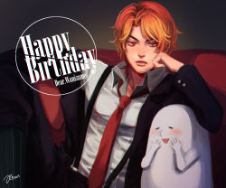 Rule 34 | 1boy, bad id, bad pixiv id, blonde hair, blush, chromatic aberration, couch, dated, dio brando, frown, happy birthday, head rest, jacket, jojo no kimyou na bouken, male focus, necktie, noriuma, open mouth, red eyes, signature, sitting, smile, solo, suspenders, triangle mouth