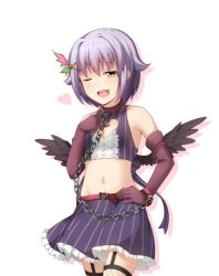 Rule 34 | 10s, 1girl, ;d, armpits, bare shoulders, belt, belt buckle, black wings, blush, bow, breasts, buckle, buttons, chain, cleavage cutout, clothing cutout, collar, collarbone, cowboy shot, crop top, cuffs, elbow gloves, fishnet thighhighs, fishnets, flipped hair, garter belt, garter straps, gem, gloves, groin, hair intakes, hair ornament, halterneck, hand on own hip, hand on own chest, heart, heart cutout, idolmaster, idolmaster cinderella girls, koshimizu sachiko, looking at viewer, lowleg, lowleg skirt, midriff, navel, one eye closed, open mouth, petticoat, pinstripe pattern, shadow, short hair, silver hair, skirt, sleeveless, small breasts, smile, solo, spoken heart, standing, striped, thighhighs, turtleneck, white background, wings, wink, yellow eyes, yyi