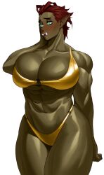 Rule 34 | 1girl, abs, absurdres, bikini, blush, breasts, colored skin, embarrassed, female orc, gold bikini, golden week, green eyes, green skin, hand on own cheek, hand on own face, highres, large breasts, looking to the side, muscular, muscular female, navel, orc, original, pointy ears, red hair, short hair, simple background, solo, sotcho, swimsuit, thick thighs, thighs, tusks, white background