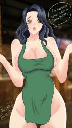Rule 34 | 1girl, apron, bare shoulders, black clover, black hair, breasts, charmy pappitson, cream, green apron, green eyes, highres, large breasts, long hair, melaniedulce 4, no bra, no panties, open mouth, tagme, translated