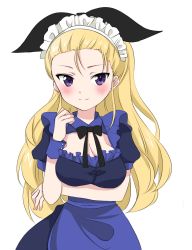 Rule 34 | 1girl, airi (akamichiaika), alternate costume, apron, assam (girls und panzer), black ribbon, blonde hair, blue apron, blue dress, blue eyes, blush, breast hold, breasts, cleavage, cleavage cutout, closed mouth, clothing cutout, collared dress, commentary, dress, enmaided, girls und panzer, hair pulled back, hair ribbon, highres, long hair, looking at viewer, maid, maid apron, medium breasts, neck ribbon, one-hour drawing challenge, ribbon, simple background, smile, solo, standing, upper body, white background