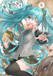Rule 34 | 1girl, aqua eyes, aqua hair, aqua necktie, bare shoulders, black skirt, black sleeves, black thighhighs, coffee beans, commentary, cowboy shot, detached sleeves, doughnut, english commentary, floating hair, food, food-themed background, food in mouth, foreshortening, french cruller, grey shirt, hair ornament, hatsune miku, heart, heart in eye, highres, himukai aoi, holding, holding food, long hair, looking at viewer, miniskirt, mixed-language commentary, mouth hold, necktie, one eye closed, outstretched arm, pleated skirt, reaching, reaching towards viewer, shirt, shoulder tattoo, skirt, sleeveless, sleeveless shirt, smile, solo, sprinkles, symbol in eye, tattoo, thighhighs, twintails, very long hair, vocaloid