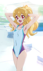 Rule 34 | 10s, 1girl, :d, aikatsu!, aikatsu! (series), armpits, blonde hair, competition swimsuit, covered navel, highres, hoshimiya ichigo, long hair, looking at viewer, makacoon, one-piece swimsuit, open mouth, ponytail, red eyes, smile, solo, swimsuit