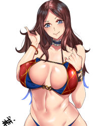 Rule 34 | 1girl, absurdres, alternate costume, bikini, blue eyes, bracelet, breasts, brown hair, choker, closed mouth, collarbone, commentary request, cowboy shot, fate/grand order, fate (series), highres, jewelry, kisaragi tsurugi, large breasts, leonardo da vinci (fate), looking at viewer, navel, parted bangs, shiny skin, signature, simple background, skindentation, smile, solo, standing, swimsuit, white background