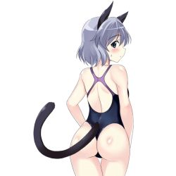 Rule 34 | 1girl, animal ears, ass, blue eyes, blush, kyogoku shin, looking at viewer, looking back, one-piece swimsuit, sanya v. litvyak, short hair, silver hair, solo, strike witches, swimsuit, tail, transparent background, world witches series