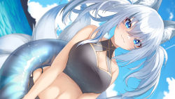 Rule 34 | 1girl, :3, animal ear fluff, animal ears, bikini, black bikini, blue eyes, blue hair, blue sky, breasts, cleavage, cleavage cutout, closed mouth, clothing cutout, collarbone, day, dutch angle, enatsu, fox ears, fox girl, fox tail, grey hair, highres, inari iroha, innertube, large breasts, long hair, looking at viewer, multicolored hair, multiple tails, navel, noripro, outdoors, sidelocks, sky, smile, solo, sparkle, stomach, swim ring, swimsuit, tail, twintails, two-tone hair, upper body, virtual youtuber