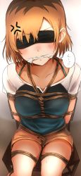 Rule 34 | 1girl, anger vein, arms behind back, black blindfold, blindfold, blouse, blue shirt, blush, bound, bound arms, bound legs, breasts, brown hair, brown shorts, collarbone, gag, gagged, highres, improvised gag, medium breasts, miyamori aoi, multicolored hair, on chair, roots (hair), shibari, shibari over clothes, shirobako, shirt, short hair, short shorts, shorts, simple background, solo, spaghetti strap, speech bubble, sweat, tahita1874, two-tone shirt, white shirt