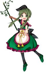 Rule 34 | 1girl, apron, back bow, bamboo, black bow, black hat, black socks, bow, collared dress, commentary request, dress, frilled apron, frilled dress, frills, full body, green dress, green eyes, green footwear, green hair, hat, highres, holding, keiki8296, mary janes, open mouth, outstretched arm, outstretched hand, ribbon, shoes, short hair, short hair with long locks, simple background, socks, solo, tassel, tate eboshi, teeth, teireida mai, touhou, upper teeth only, waist apron, white apron, white background, yellow bow, yellow ribbon