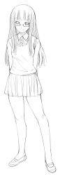 Rule 34 | 1girl, bosshi, full body, glasses, greyscale, long image, monochrome, school uniform, serafuku, shoes, solo, standing, tall image, uwabaki