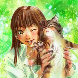 Rule 34 | 1girl, ;d, animal hands, blush, brown hair, cat, claws, closed eyes, collarbone, collared shirt, fur, green shirt, holding, konchiki, long hair, long sleeves, lowres, one eye closed, open mouth, original, shirt, smile, solo, upper body, whiskers
