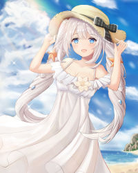 Rule 34 | 1girl, :d, beach, black bow, blue eyes, blue sky, blue theme, blush, bow, breasts, cleavage, cloud, collarbone, day, dress, fate/grand order, fate (series), floating hair, flower, hat, hat bow, long dress, long hair, marie antoinette (fate), marie antoinette (fate/grand order), marie antoinette (swimsuit caster) (fate), marie antoinette (swimsuit caster) (second ascension) (fate), medium breasts, open mouth, outdoors, silver hair, sky, sleeveless, sleeveless dress, smile, solo, sparkle, starfish hair ornament, sun hat, sundress, twintails, very long hair, white dress, white flower, yellow hat
