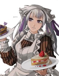 Rule 34 | 1girl, black clover, food, hair ribbon, highres, holding, holding food, noelle silva, official alternate costume, poonwip, purple eyes, purple ribbon, ribbon, solo, twintails, waitress, white background, white hair