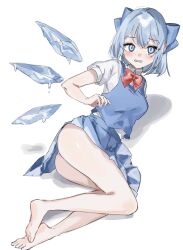 Rule 34 | 1girl, absurdres, ass, barefoot, blue bow, blue dress, blue eyes, blue hair, blush, bow, bowtie, breasts, cirno, dress, full body, hair bow, highres, ice, ice wings, looking at viewer, lying, medium breasts, noyama (prosiuttooishi), on side, open mouth, pinafore dress, red bow, red bowtie, shadow, short hair, simple background, sleeveless, sleeveless dress, solo, touhou, white background, wings