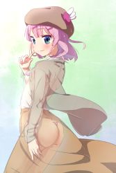 Rule 34 | 1girl, absurdres, ass, blue eyes, blush, breasts, chiyoda momo, closed mouth, finger to face, hair ornament, hairclip, hat, highres, looking at viewer, looking back, machikado mazoku, oekakiism, pasties, pink hair, pink pasties, see-through, short hair, simple background, small breasts, smile, solo, standing