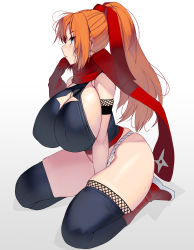Rule 34 | 1girl, absurdres, black thighhighs, blue eyes, breasts, breasts squeezed together, female focus, gradient background, grey background, highres, huge breasts, kouno (masao), kunoichi, large breasts, long hair, ninja, orange hair, original, plump, ponytail, red scarf, scarf, simple background, sitting, solo, thighhighs, thighs, white background