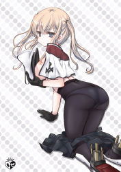 Rule 34 | 10s, 1girl, ass, black gloves, black pantyhose, blonde hair, blue eyes, blush, breasts, capelet, celtic knot, chize, clothes pull, covering privates, covering breasts, gloves, graf zeppelin (kancolle), hair ribbon, hat, unworn hat, unworn headwear, holding, holding clothes, holding hat, kantai collection, looking at viewer, miniskirt, no bra, panties, panties under pantyhose, pantyhose, peaked cap, pleated skirt, polka dot, polka dot background, pout, ribbon, skirt, skirt pull, solo, topless, twintails, underwear