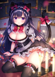 Rule 34 | 1girl, :o, animal ears, bell, black dress, black thighhighs, blurry, blurry foreground, bow, bow panties, breasts, burning, candle, candlestand, cat ears, cat girl, cat tail, cleavage, clothes lift, commentary request, cross, depth of field, dress, dress lift, fire, frilled dress, frilled panties, frills, groin, hair between eyes, jingle bell, large breasts, latin cross, lifting own clothes, long hair, looking at viewer, mitsuba choco, nail polish, no shoes, original, panties, parted lips, picture frame, pink nails, puffy short sleeves, puffy sleeves, purple eyes, purple hair, red bow, red ribbon, ribbon, short sleeves, side-tie panties, sitting, solo, tail, tail bow, tail ornament, thighhighs, underwear, very long hair, white panties, wrist cuffs, yokozuwari