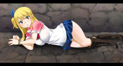 Rule 34 | 1girl, bdsm, blonde hair, blush, bondage, boots, bound, bow, brown eyes, fairy tail, gaston18, looking at viewer, lucy heartfilia, restrained, ribbon, rope, skirt, solo, tagme