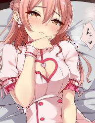 Rule 34 | 1girl, blush, bow, breasts, cleavage, cleavage cutout, clothing cutout, earrings, hair strand, hair streaks, heart, heart-shaped pupils, heart cutout, highres, idolmaster, idolmaster cinderella girls, jewelry, jougasaki mika, large breasts, looking at viewer, murabito c, on bed, pink bow, pink hair, solo, sweatdrop, symbol-shaped pupils