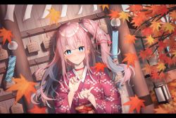 Rule 34 | 1girl, artist request, blue eyes, blush, cherry blossom print, choker, commentary request, ema, fingernails, floral print, highres, japanese clothes, kimono, leaf, looking at viewer, maple leaf, nail polish, obi, one side up, outdoors, pink hair, pink nails, propro production, red choker, red kimono, sash, solo, virtual youtuber, yumesaki mia