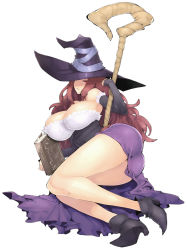 Rule 34 | 1girl, absurdres, bare legs, bare shoulders, book, breasts, brown hair, cleavage, detached sleeves, dragon&#039;s crown, full body, hat, high heels, highres, huge breasts, legs, long hair, lying, on side, side slit, skirt, solo, sorceress (dragon&#039;s crown), white background, whoosaku, witch hat