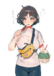Rule 34 | 1girl, bad id, bad twitter id, black hair, breasts, brown eyes, cantaloupe, fanny pack, food, fruit, highres, hotomura (muramura69), ice cream, large breasts, looking at viewer, open mouth, original, sausage, shirt, short hair, simple background, solo, t-shirt, white background