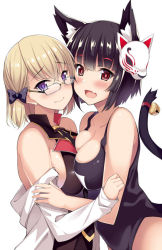 Rule 34 | 2girls, :d, animal ears, asymmetrical docking, azur lane, bare shoulders, bell, bespectacled, black hair, black one-piece swimsuit, black school swimsuit, blonde hair, blush, bow, breast press, breasts, cat ears, cat tail, commentary request, fang, glasses, hair bow, jingle bell, kusano (torisukerabasu), large breasts, long sleeves, looking at viewer, looking over eyewear, mask, mask on head, multiple girls, name tag, off shoulder, one-piece swimsuit, open mouth, purple eyes, red eyes, school swimsuit, shirt, short hair, sideboob, simple background, smile, swimsuit, tail, tail bell, tail ornament, upper body, white background, white shirt, yamashiro (azur lane), yamashiro (summer offensive?) (azur lane), z23 (azur lane), z23 (philosophy sensei) (azur lane)