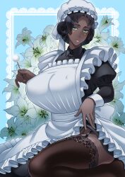 Rule 34 | 1girl, absurdres, alternate costume, apron, black dress, black hair, blush, bonnet, braid, breasts, brown thighhighs, dark-skinned female, dark skin, dress, enmaided, facial mark, fate/grand order, fate (series), flower, french braid, frills, green eyes, highres, large breasts, long hair, long sleeves, looking at viewer, maid, mimikaki, parted bangs, parted lips, scheherazade (fate), seiza, sitting, smile, solo, teringo, thighhighs, thighs, white apron