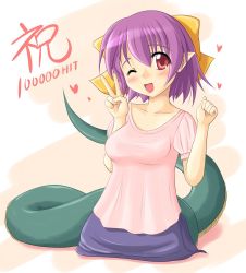 Rule 34 | 1girl, ;d, character request, heart, lamia, milestone celebration, monster girl, nekomanma, nekomanma (byougatei), one eye closed, open mouth, pointy ears, purple hair, red eyes, scales, short hair, smile, solo, source request, v, wink
