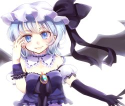 Rule 34 | 1girl, aliprojectlove, alternate costume, alternate eye color, bad id, bad pixiv id, bat wings, blue eyes, blue hair, bow, breasts, cleavage, detached sleeves, fang, female focus, hat, hat bow, highres, jewelry, matching hair/eyes, puffy sleeves, remilia scarlet, smile, solo, touhou, ukita uuko, white background, wings, wrist cuffs