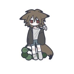 Rule 34 | ..., 1boy, amber-breathe, animal ears, asymmetrical legwear, black jacket, blue shorts, brown hair, chibi, chinese commentary, commentary request, deformed, fox boy, fox ears, fox tail, grey shirt, grey socks, highres, holding, holding stuffed toy, isoi haruki, jacket, long sleeves, male focus, no mouth, no nose, open clothes, open jacket, red eyes, saibou shinkyoku, shirt, short hair, shorts, simple background, socks, solo, spoken ellipsis, stuffed animal, stuffed caterpillar, stuffed toy, tail, transparent background, uneven legwear