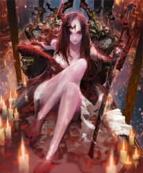 Rule 34 | 10s, 1girl, artist request, barefoot, bathtub, black hair, black nails, bloody mary (shingeki no bahamut), candle, castle, claws, crown, cygames, holding, holding sword, holding weapon, horns, long hair, nail polish, nightgown, official art, pale skin, partially submerged, petals, red eyes, scales, scar, shadowverse, shingeki no bahamut, single horn, sitting, sword, throne, weapon