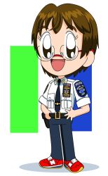 Rule 34 | 00s, 10s, 1girl, bad hands, brown hair, collared shirt, full body, glasses, hands on own hips, highres, masuko mika, necktie, open mouth, police, police uniform, precure, schneider (sierra-77), shirt, short hair, sleeves rolled up, smile precure!, solo, standing, uniform, yes! precure 5