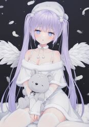 Rule 34 | 1girl, absurdres, angel, angel wings, bandages, bandaid, bare shoulders, blue eyes, blush, breasts, christmas, cleavage, eyebrows hidden by hair, foot out of frame, gloves, hat, highres, large breasts, long hair, looking at viewer, no shoes, open mouth, original, purple hair, shano hiyori, sitting, stuffed animal, stuffed toy, thighhighs, twintails, wariza, wings, zettai ryouiki