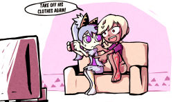 Rule 34 | 2girls, blonde hair, blue hair, bow, cia (hyrule warriors), commentary, couch, dark skin, dark-skinned female, english text, female pervert, frown, hair bow, hyrule warriors, knees up, lana (hyrule warriors), long hair, looking at another, multiple girls, nintendo, open mouth, pervert, pink background, pointing, purple eyes, red eyes, setz, short hair, side ponytail, sitting, tattoo, television, the legend of zelda, triforce