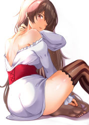Rule 34 | 1girl, absurdres, alternate costume, angel lingxing, ass, azur lane, backless dress, backless outfit, bare back, bare shoulders, brown hair, corset, dress, frilled dress, frills, from side, highres, jean bart (azur lane), long hair, looking at viewer, looking back, red corset, red eyes, simple background, soles, solo, striped clothes, striped thighhighs, thighhighs, thighs, vertical-striped clothes, vertical-striped thighhighs, very long hair, white background, white dress