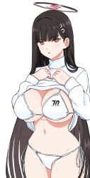 Rule 34 | bikini, black hair, blue archive, blush, breasts, closed mouth, clothes lift, halo, highres, jacket, jacket lift, large breasts, lifting own clothes, long hair, long sleeves, looking at viewer, navel, open mouth, red eyes, red halo, rio (blue archive), simple background, standing, sukeroku (treeee), swimsuit, very long hair, white background, white bikini